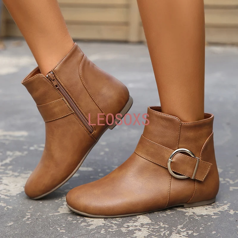 2023 Autumn Vintage Brown Flat Heels Ankle Boot Women Belt Buckle Pu Leather Cowboy Boots Woman Plus Size 42 Zip Botas De Mujer