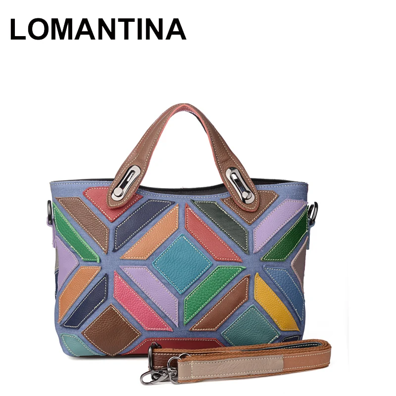 LOMANTINA Women Real Leather Tote Bag Designer Handmade Patchwork Genuine Leather Women Colorful Jean Messenger Handbag Quality