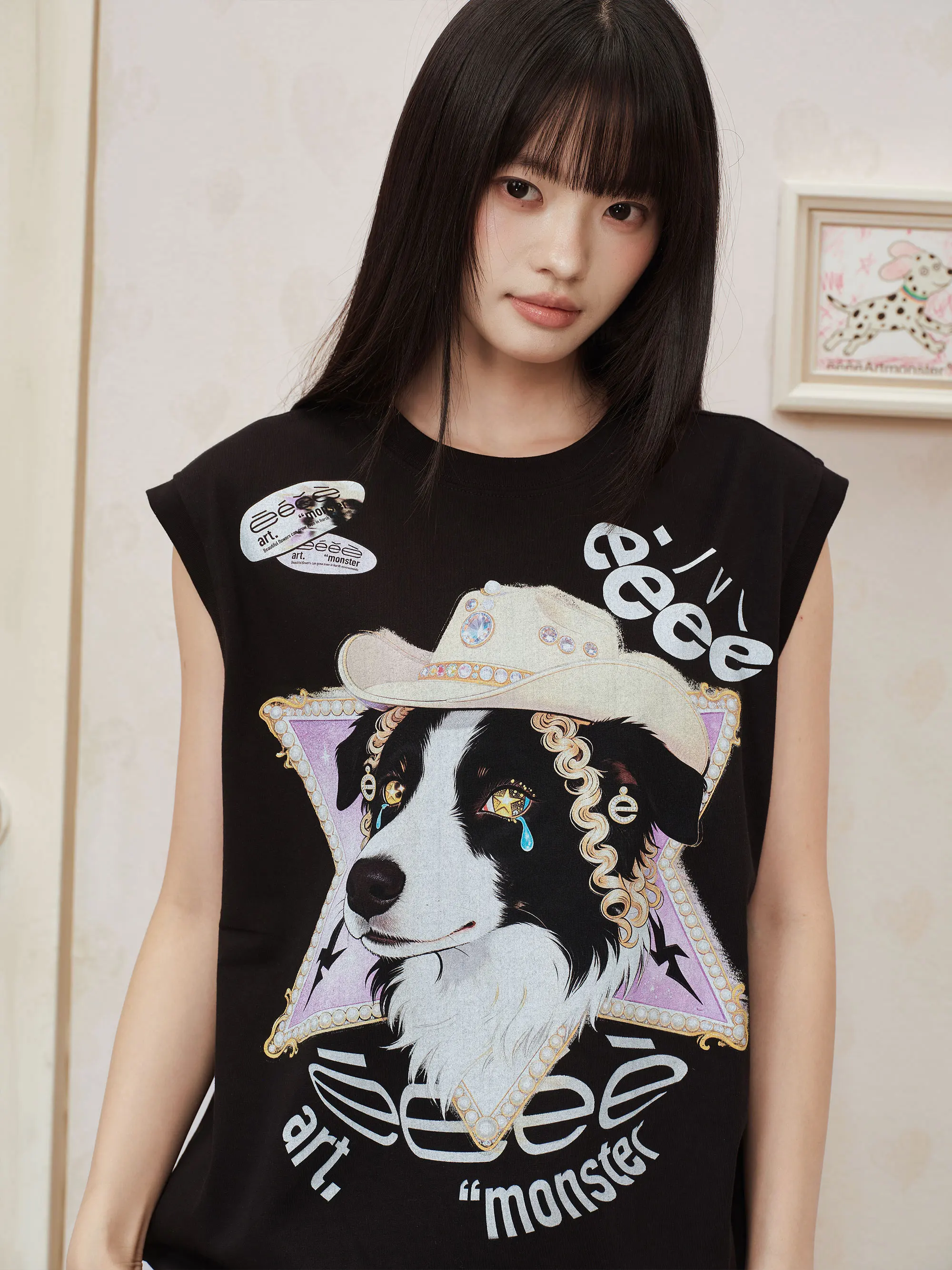  Sheep Cute Summer Sleeveless T-Shirt Drawstring Hem Dog Printed Cotton Breathable round Neck Vest for Women