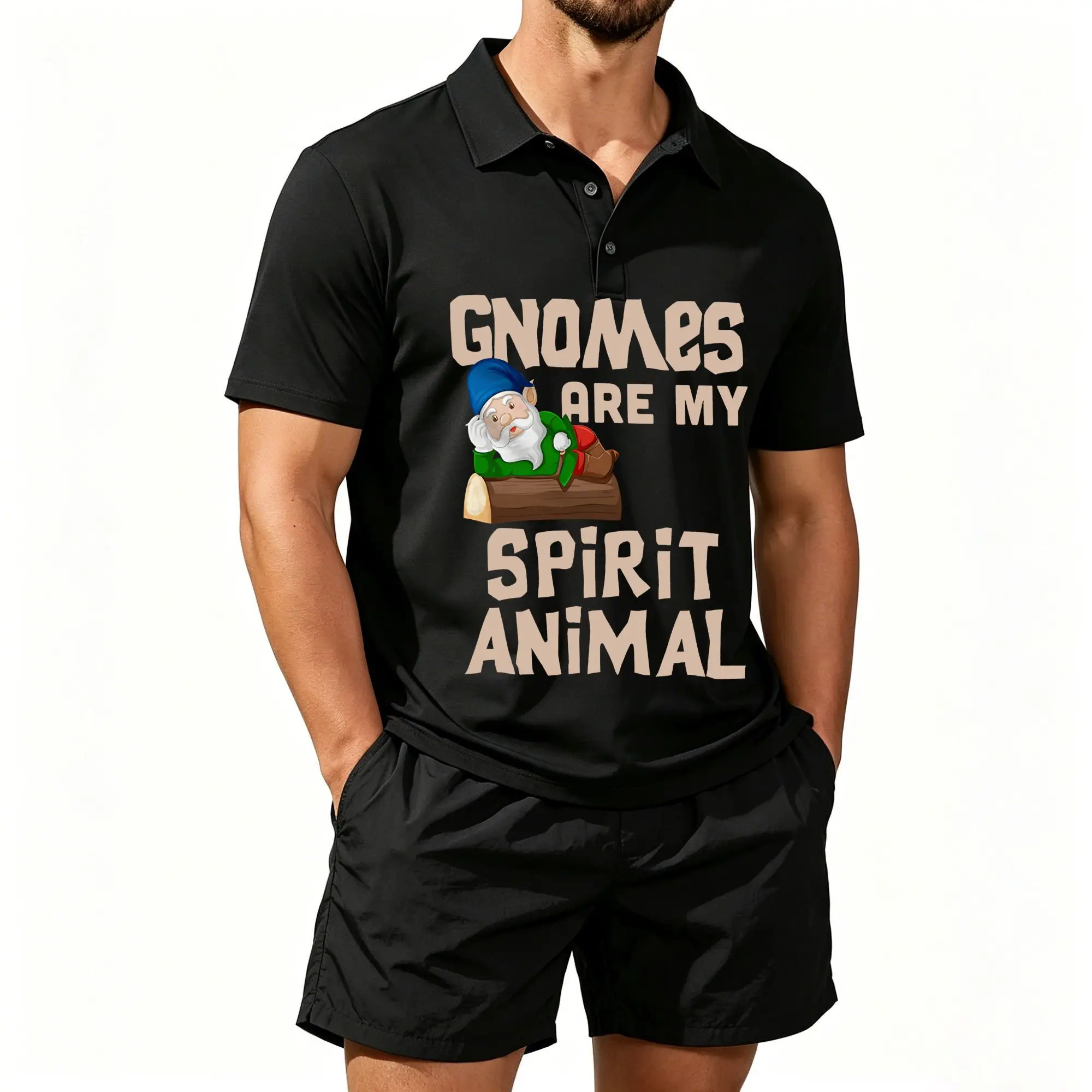 Conjunto de dos piezas de pantalones cortos de playa tipo polo para hombre con estampado de dibujos animados de enanos de cuento de hadas, patrones divertidos, informal y cómodo, bien ajustado