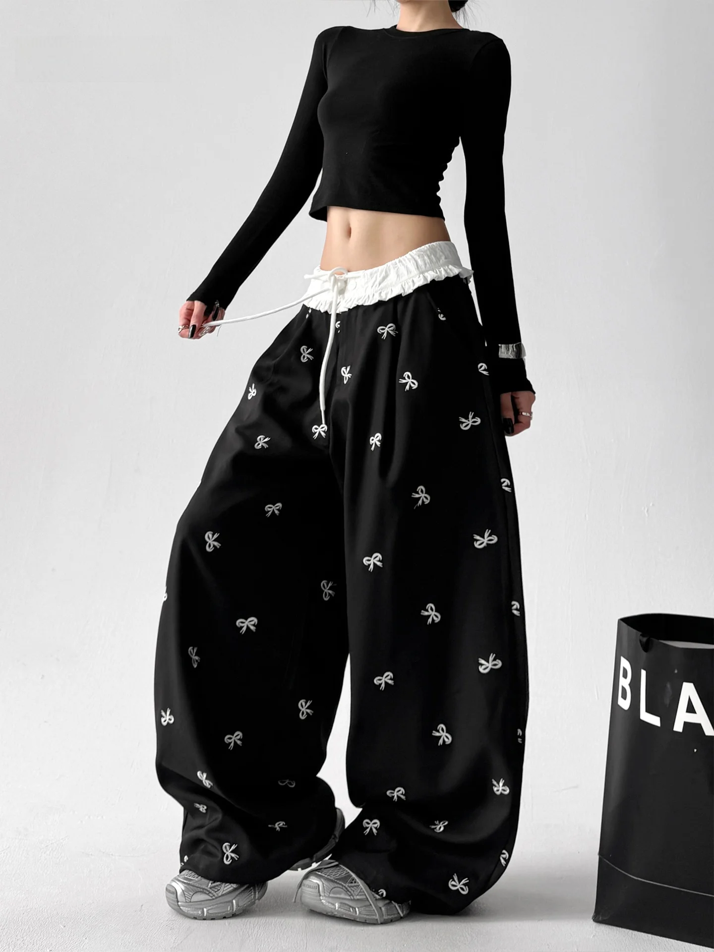 

Повседневные широкие брюки-костюм для женщин с принтом в виде узлов, с высокой талией, для студентов, весна-осень, новинка, свободный крой