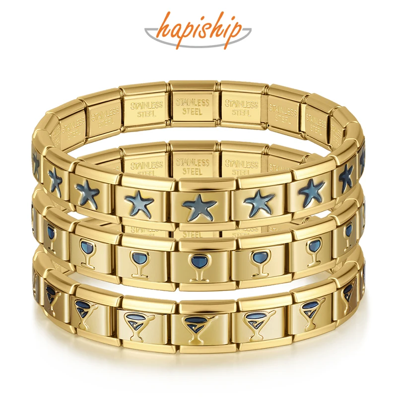Hapiship Golden Blue Starfish Wine Glass Italian Elastic Charm Bracelet Fashion Stainless Steel Jewelry G334