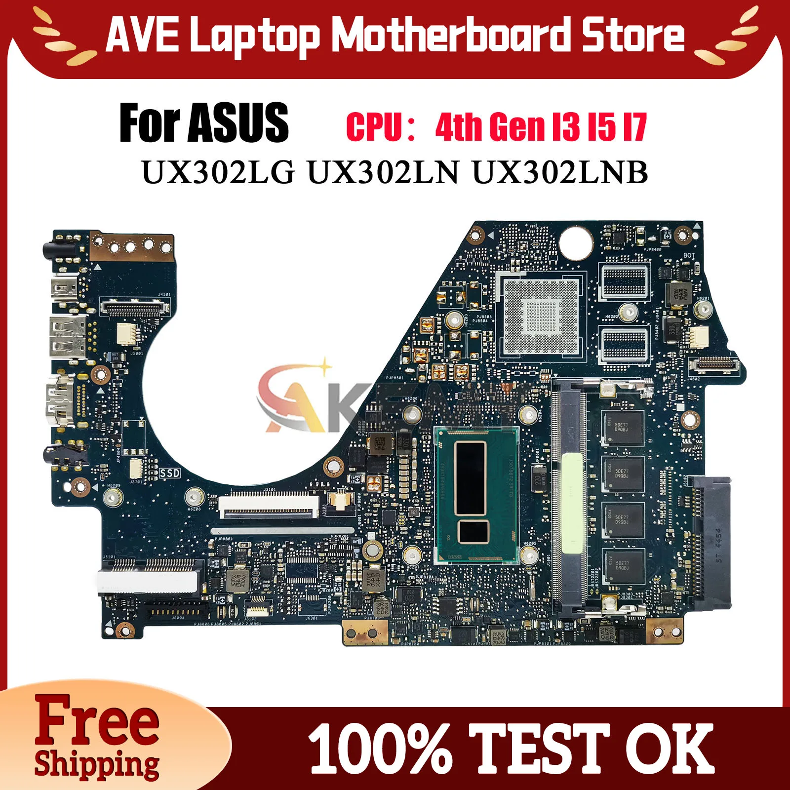 

UX302LA Laptop Motherboard For ASUS ZenBook UX302LNB UX302LG UX302LN UX302L UX302LA Mainboard W/ I3 I5 I7 CPU tests OK fast ship