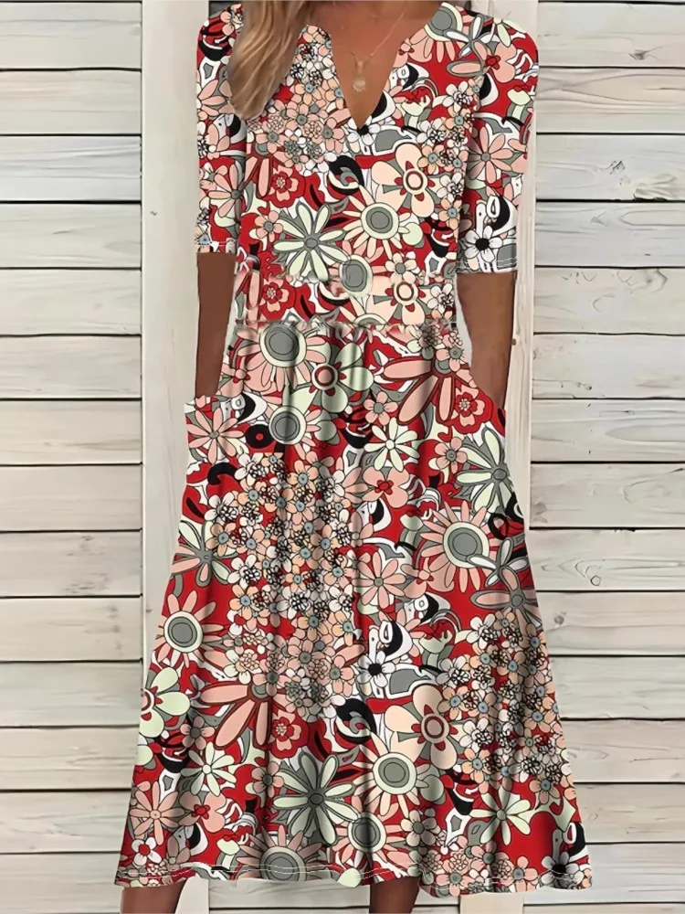 

Summer boho Fashion Floral Print Party Dresses For Women 2025 New Casual V-Neck Short Sleeve Pockets Beach Midi Dress Robe Femme