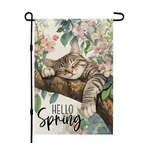Spring Garden Flag Cat on Floral Tree Double Sided 12x18 Inches Small Burlap ... VVJ HHU