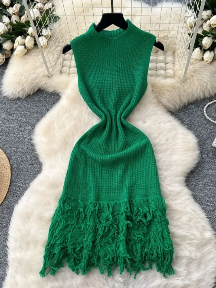 2025 Summer Women Elegant Round Neck Sleeveless Tassels Hem Bodycon Mini Knitted Dress Holiday Beach Party Clubwear