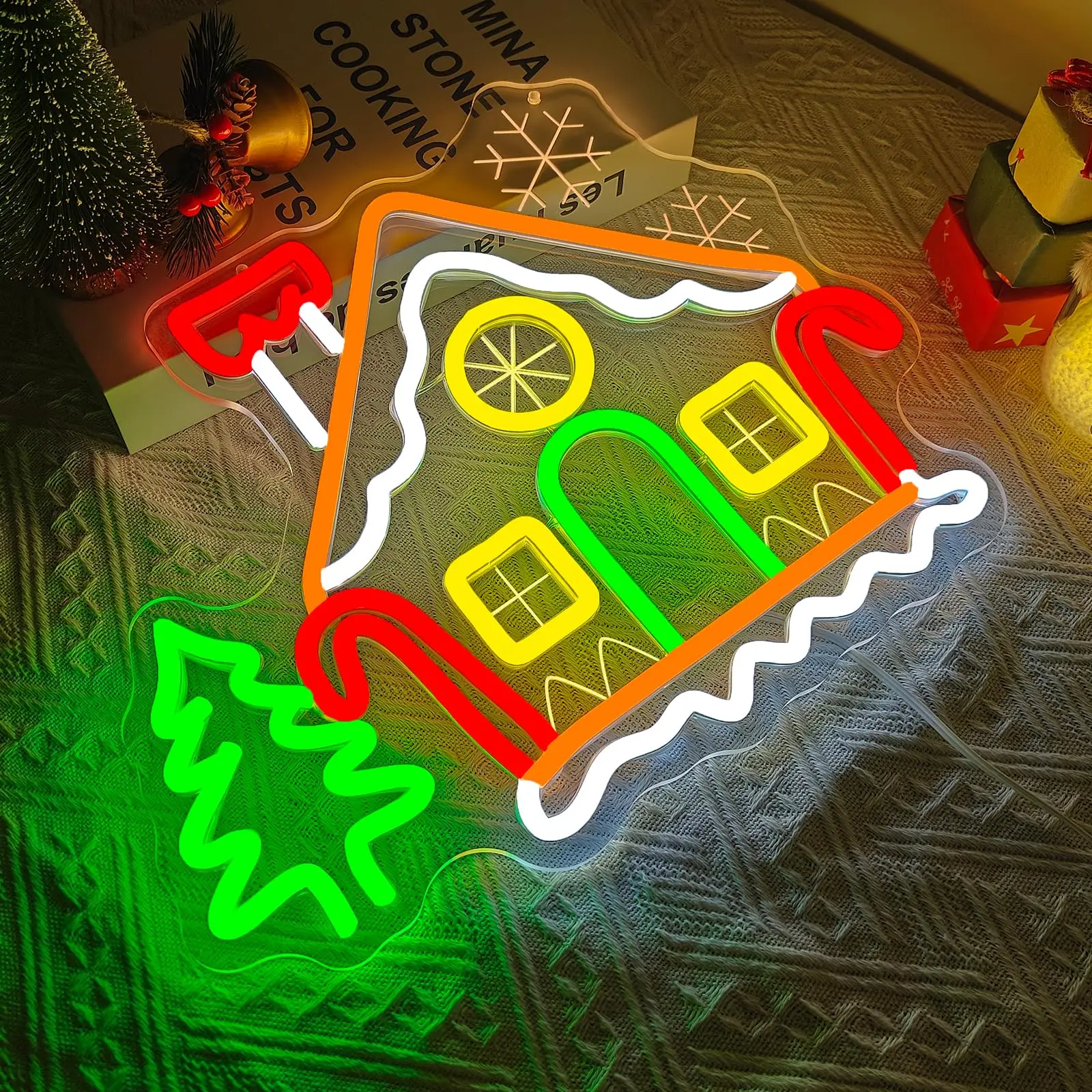 

Gingerbread Houses Neon Sign for Wall Decor Carving Dimmable Switch Christmas Light Up Sign for House Window Party Decor