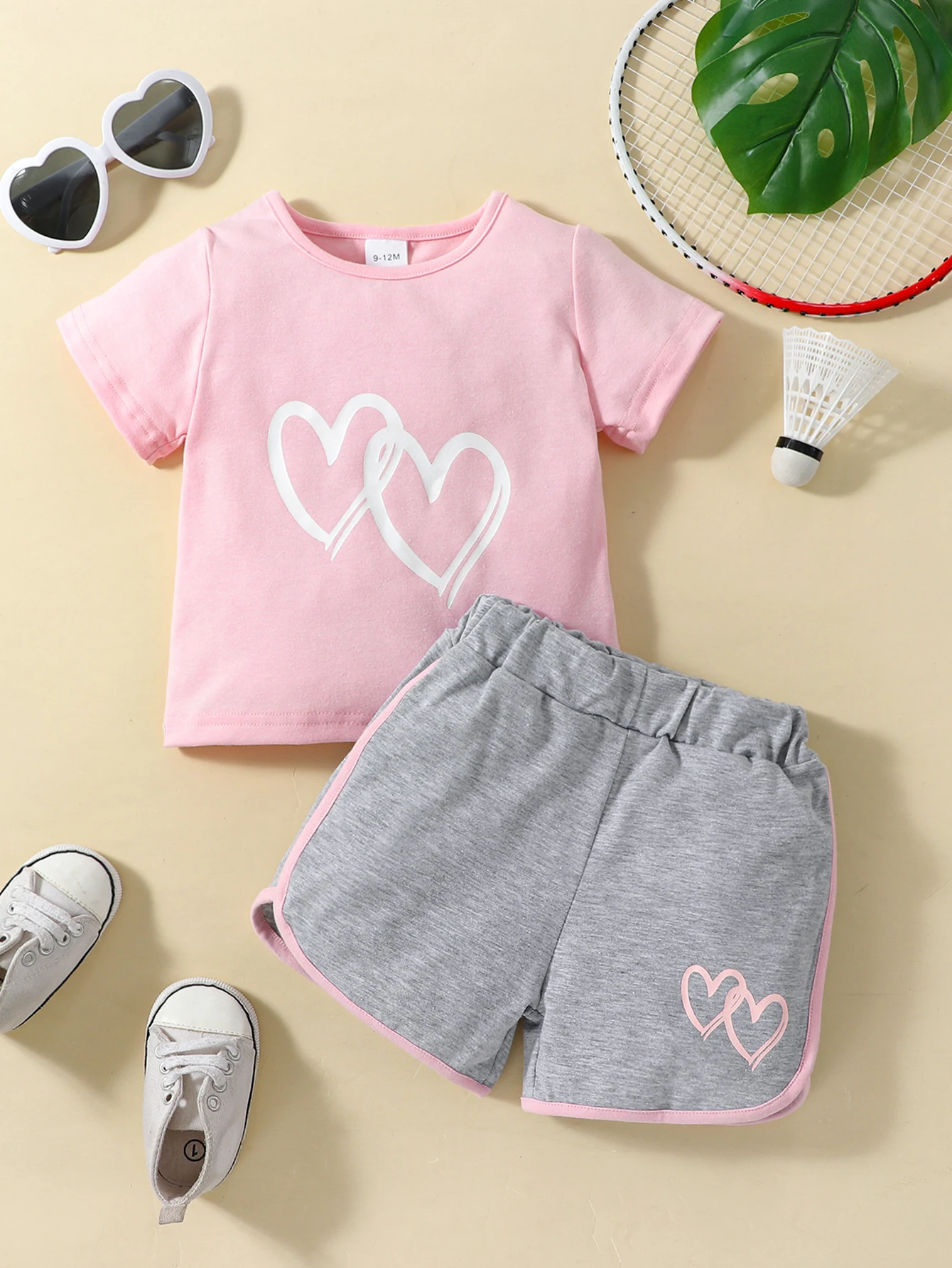 2Pcs Set Baby Girls Heart Print Top & Contrast Binding Track Shorts Infant Newborn Casual Summer Clothes