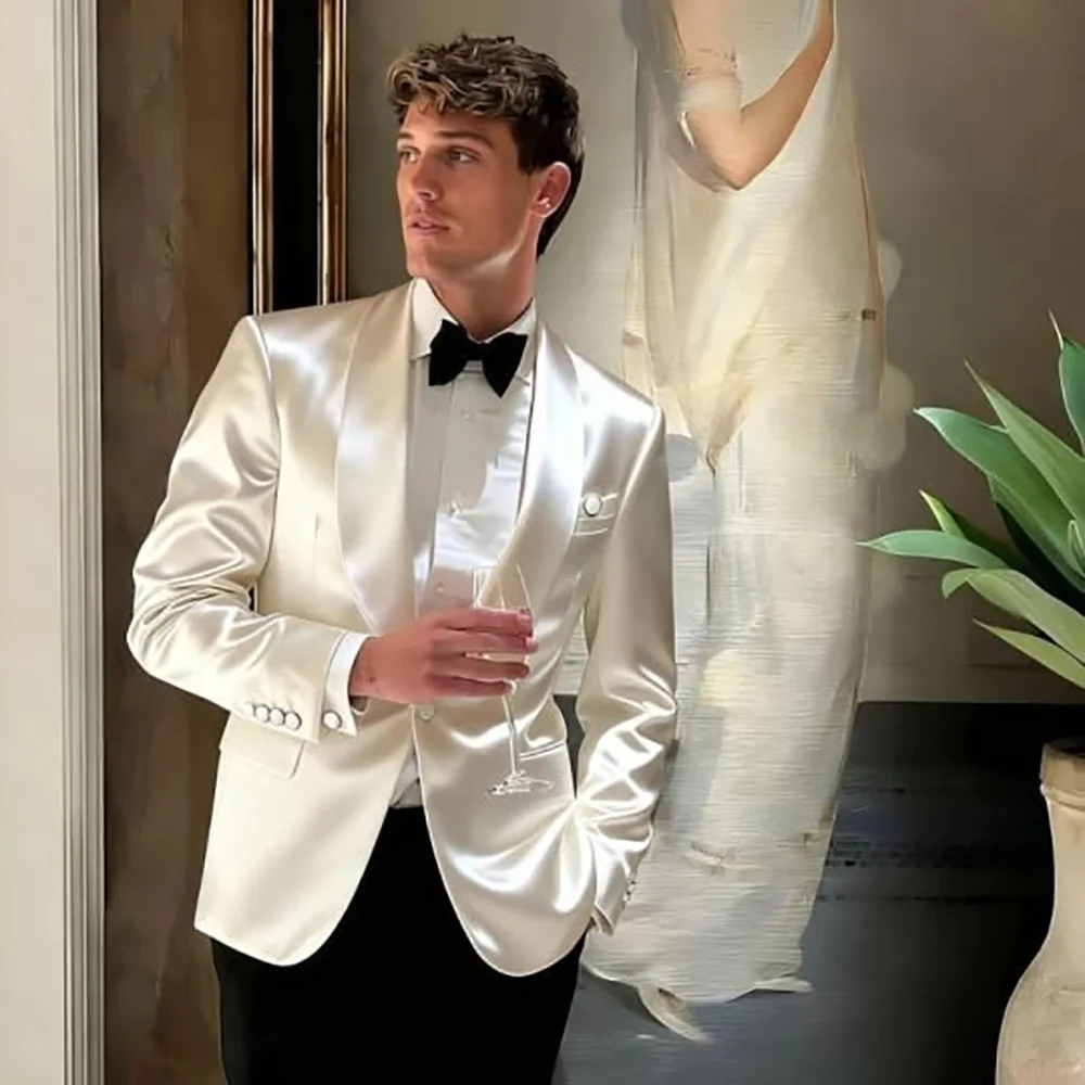 Luxury Men White Satin Shawl Lapel Tuxedo Blazer Black Pants Single Button Formal Wedding Groom Suit Set Fashion Slim Outfit