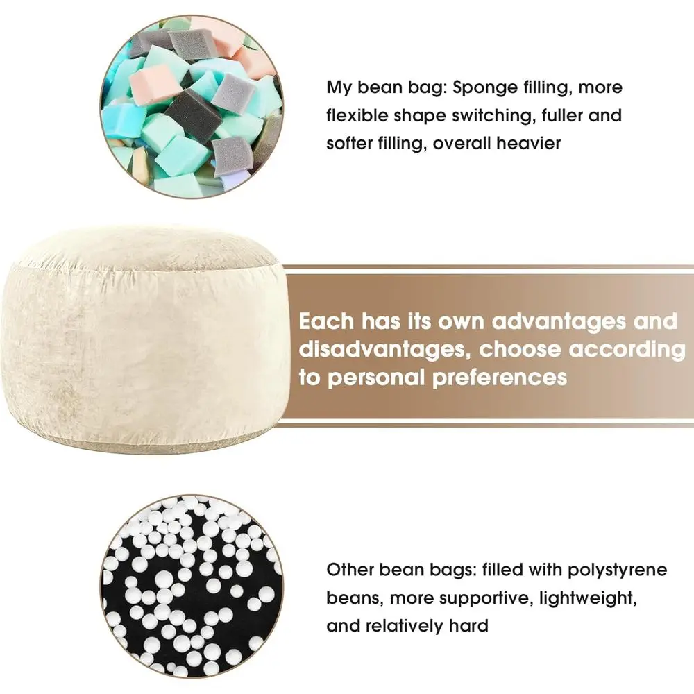 كراسي بين باج من إسفنج الذاكرة للبالغين والأطفال - غطاء ناعم من الألياف الدقيقة، أريكة دائرية منفوشة، عاجية، 4 أقدام، مثالي لغرفة المعيشة، #5