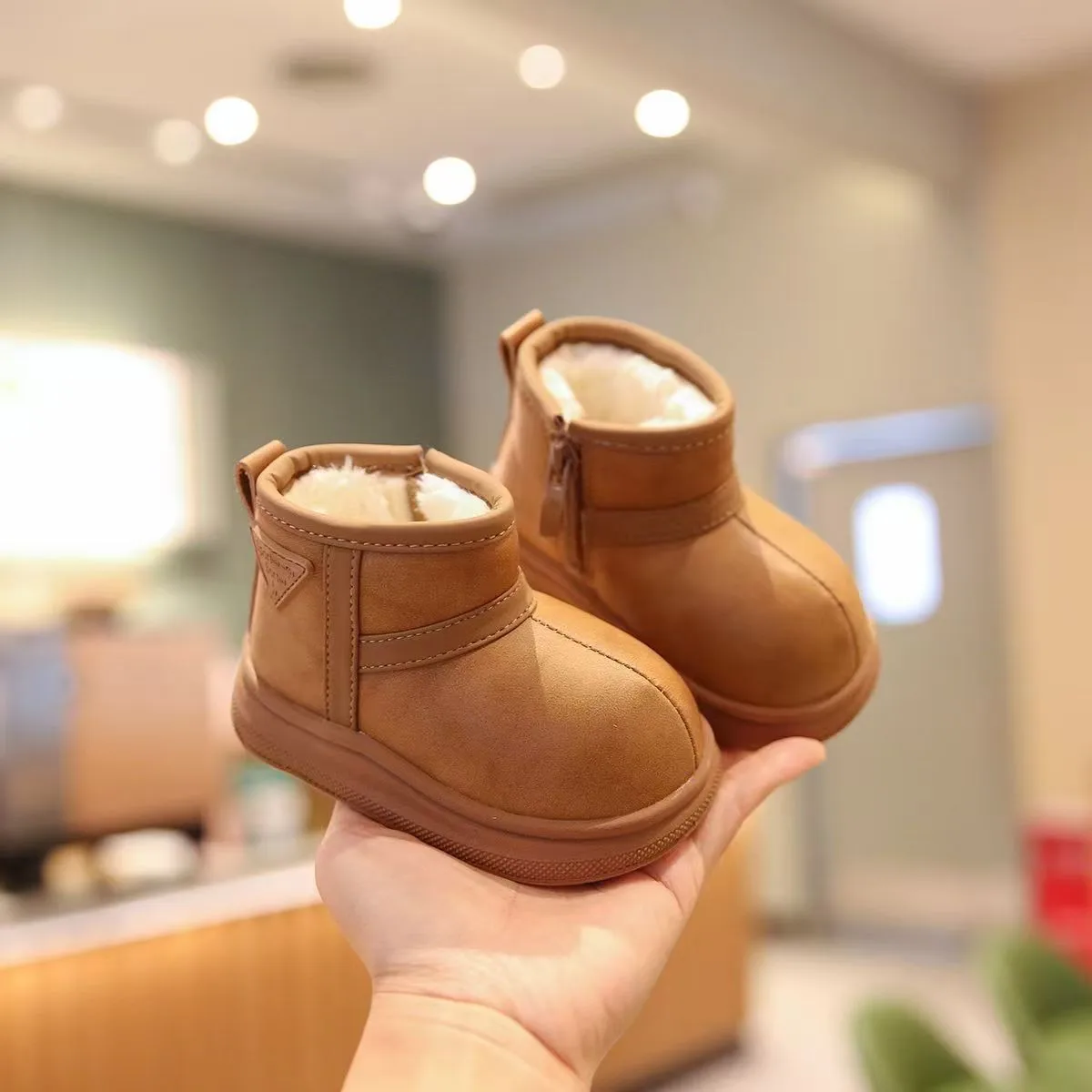 Children Cute Low-top Snow Boots Winter Kids Quality Genuine Leather Short Boots Boys Girls Side Zip Design Round Toe Boots