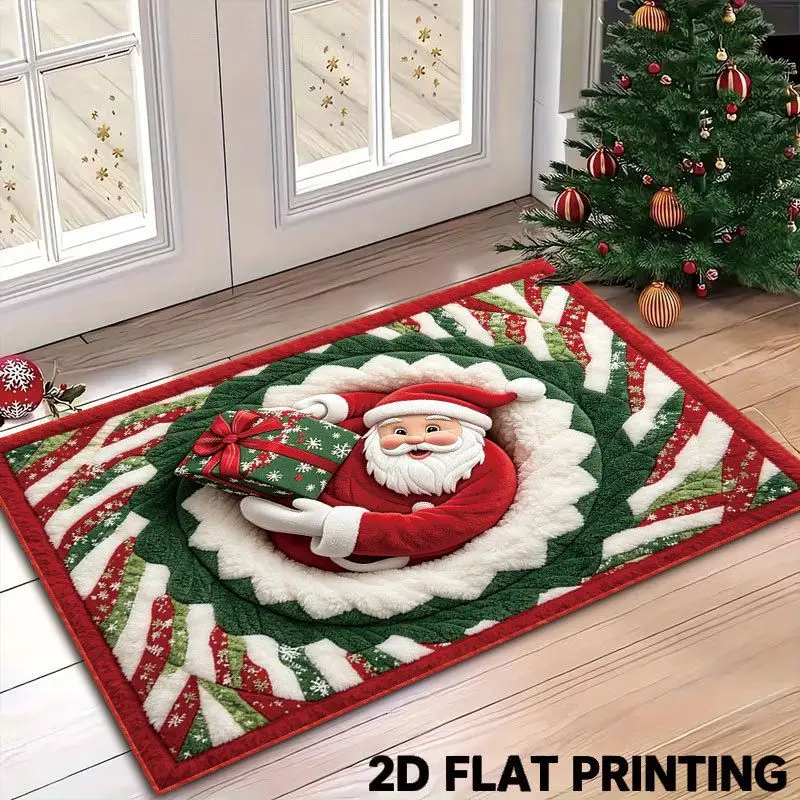 VIKAMA 3D Santa Claus Doormat Quilted Spiral Vortex Gift Welcome Mat Non Slip Soft Floor Rug for Front Door Entryway Christmas