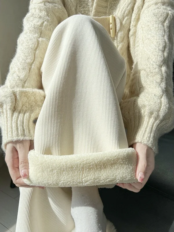 

Женские утепленные брюки с высокой талией из овечьего вельвета, широкие штанины, осенне-зимние хлопковые брюки, теплые вельветовые брюки прямого кроя