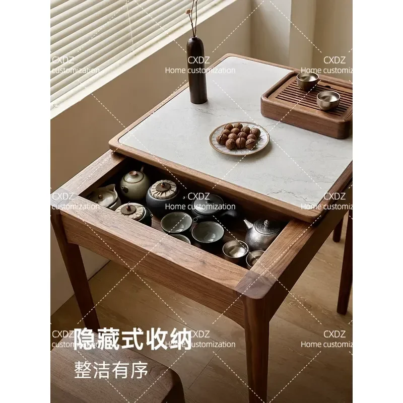 Black Walnut Solid Wood Square Tea Table with Rock Slab Edge Small Balcony Side Table Chinese Style Home Furniture
