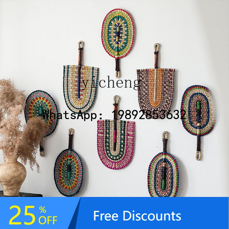 X1Wall-Mountable Hand Fan Retro Ethnic Style Hand-Woven Fan Homestay Decorative Ornament