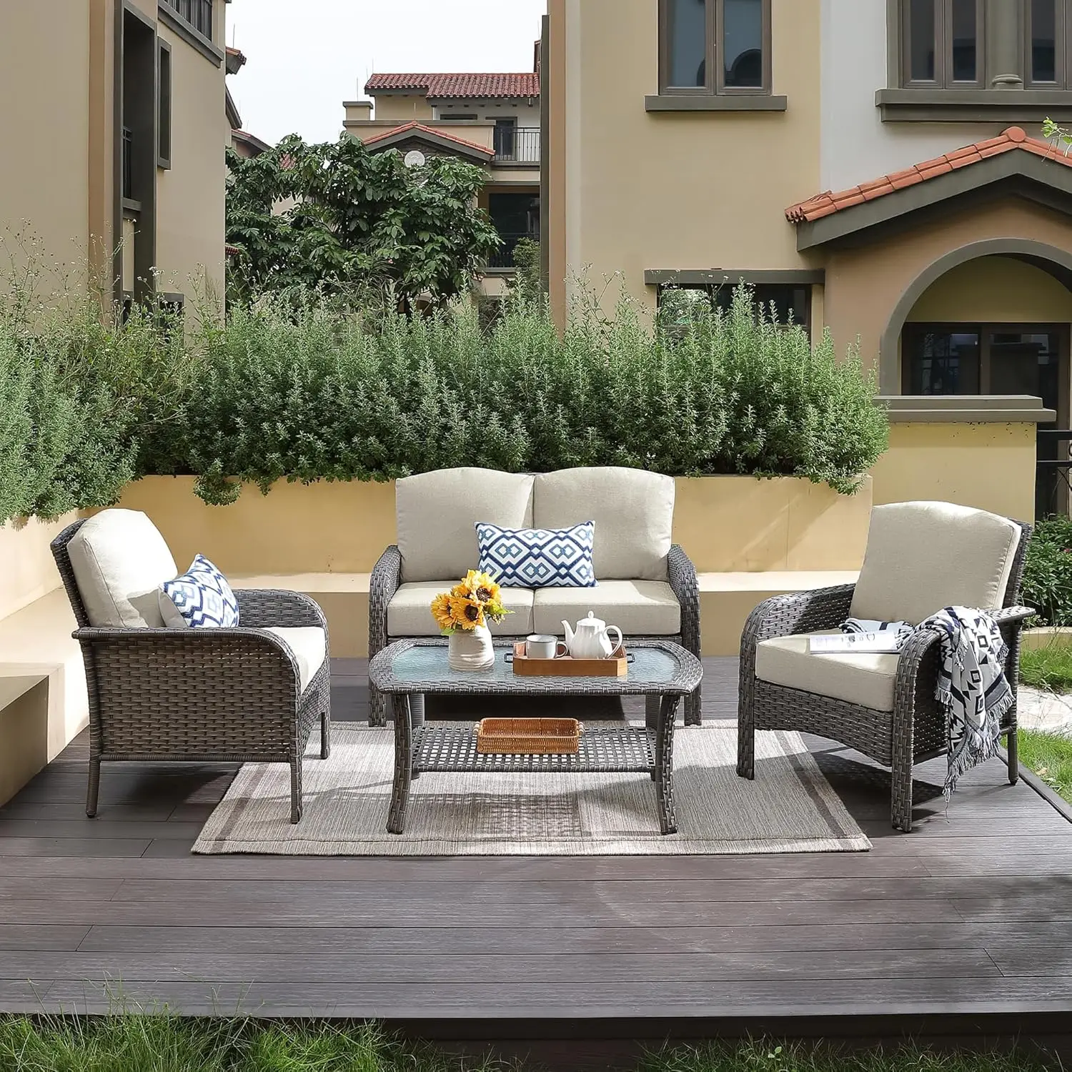 4-Piece Wicker Patio Furniture Set All-Weather Rattan Conversation Bistro Loveseat Chair and Table Set for Balcony Backyard