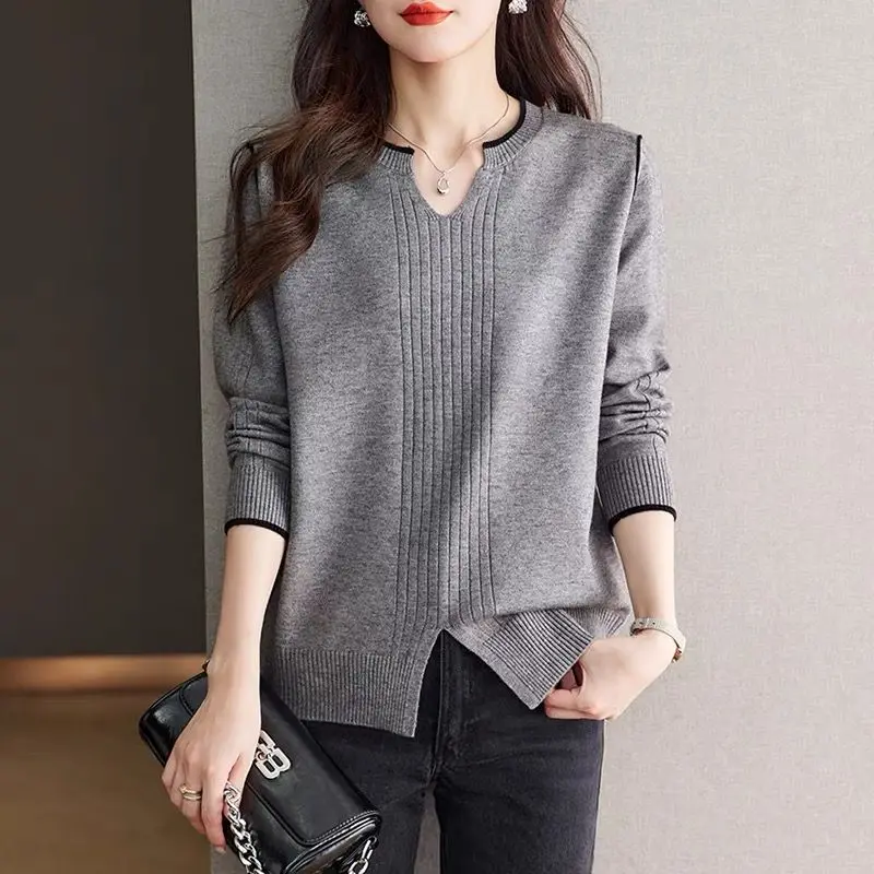 

Female Clothing V-Neck Sweaters Women's Clothing Contrasting Colors Chic Spliced Autumn Winter Long Sleeve Loose Knitted Jumpers