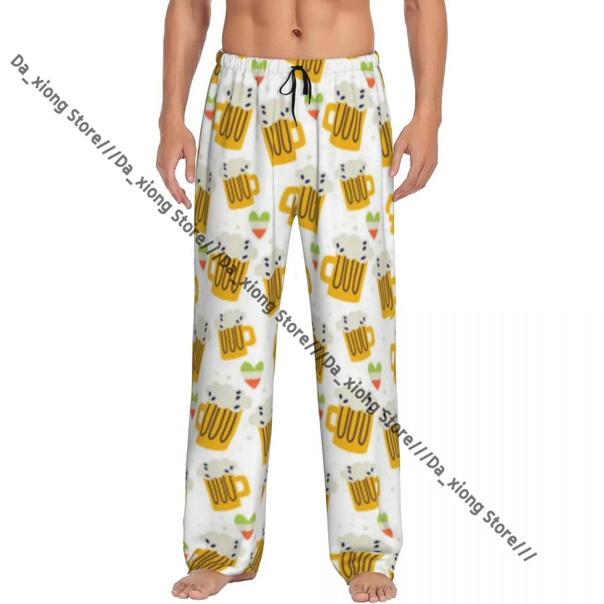 

Mens Casual Pajama Long Pant Loose Elastic Waistband Saint Patrick Day Beer Irish Background Cozy Sleepwear Home Lounge Pants