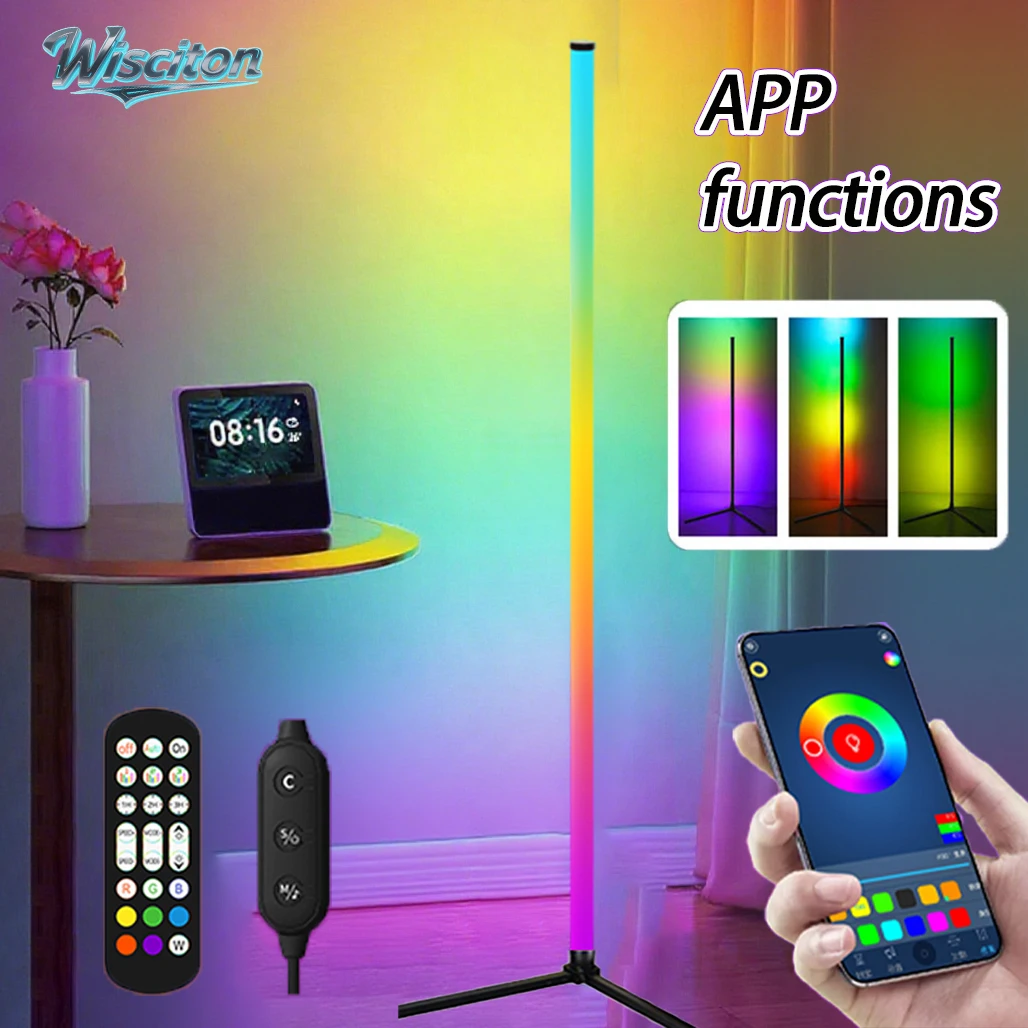 

150cm Smart APP Corner Floor Lamp Dimmable RGB LED Modern Mood Lighting Alexa Stand Lights for Bedroom Gaming Living Room Decor