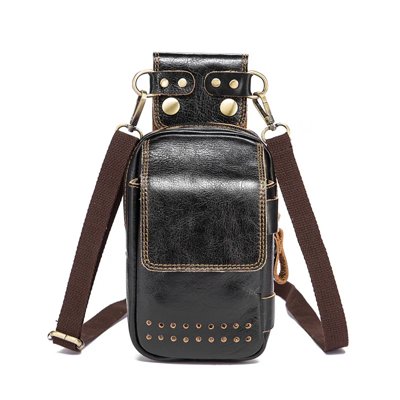 Oil Wax Cowhide Male Cell Phone Cigarette Case Waist Hook CrossBody Bag Hip Bum Belt High Quality Men Genuine Leather Fanny Pack