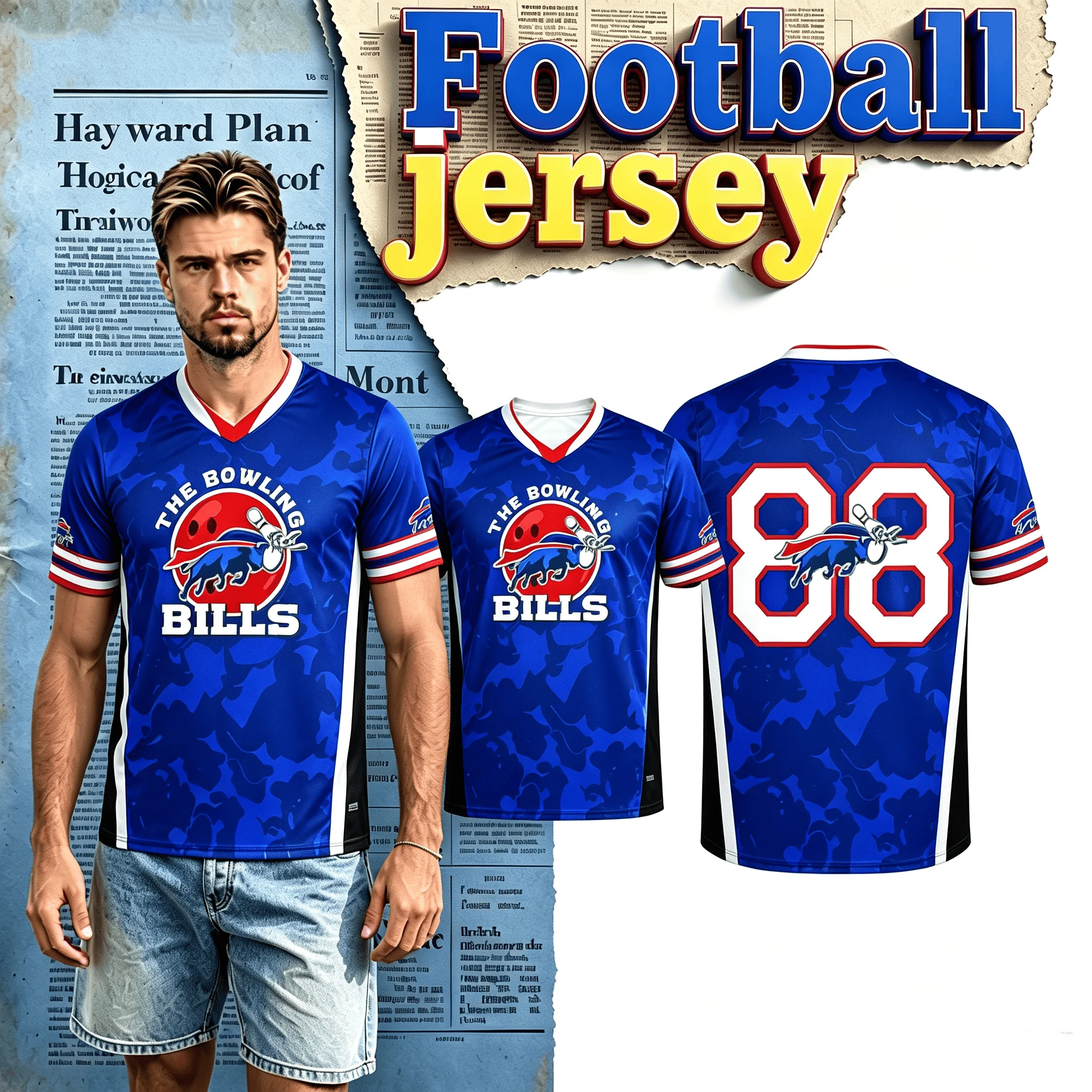 Street Fashion Logo - Herren Bowling-Trikot mit V-Ausschnitt, Buffalo-Maskottchen-Logo, Nummer