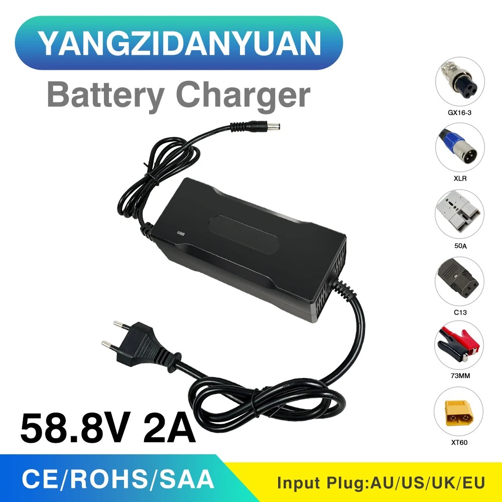 58.2V 2A lithium battery charger 48V 51.8V-52V charger for lithium battery pack efficient charging with cooling fan