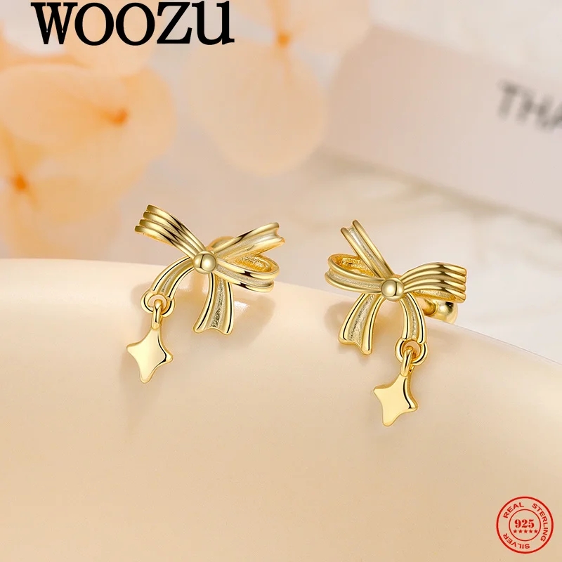 

WOOZU 925 Sterling Silver Sweet Charms Star Bow Stud Earrings for Women Wedding Banquet Elegant Romantic Delicate Jewelry Gifts