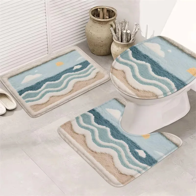 VIKAMA 3pcs Summer Beach Ocean Bathroom Rug Set, Noise Reducing & Machine Washable, Toilet Mat for Bathroom Home Decor