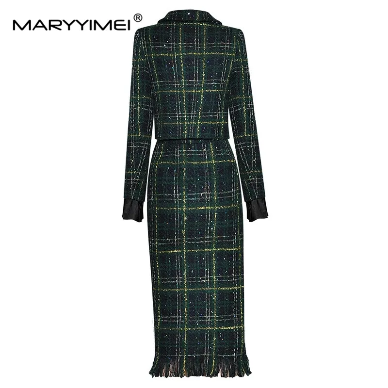 MARYYIMEI Fashion Designer Winter Plaid Tweed Skirts Suit Women\'s Bow Beading Long Sleeve Jacket + Tassel Skirt 2 Pieces Set