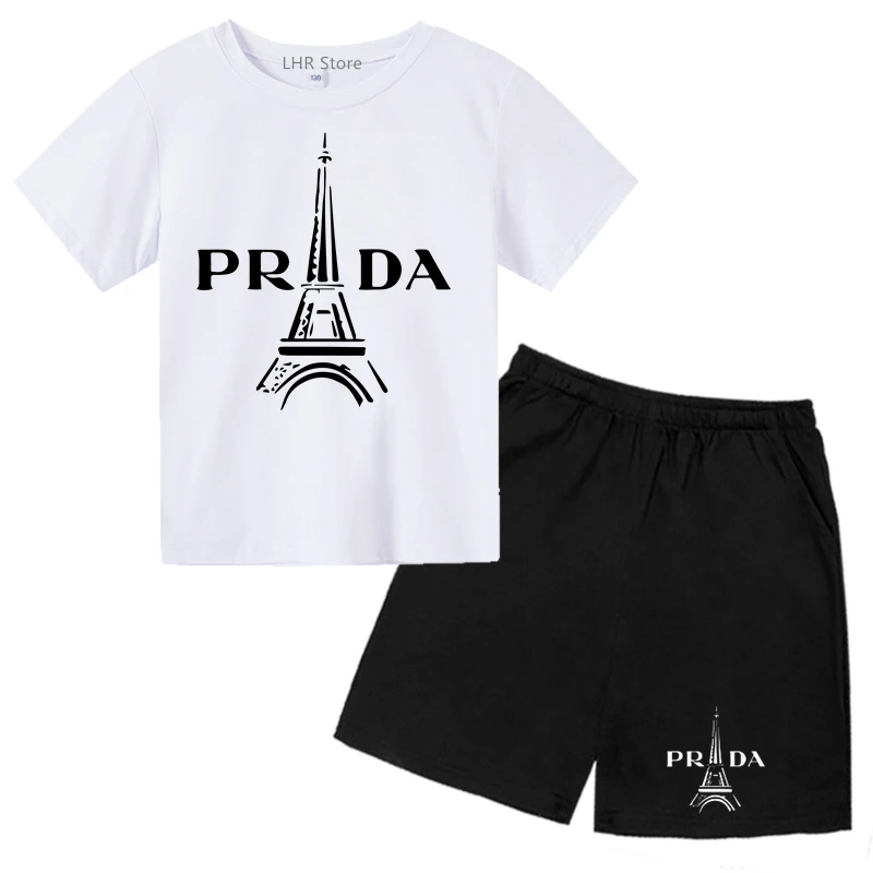 Eiffel tower summer wear Tshirt Suitable for children T-shirt tops +Shorts set Boys Girls age 3-12 Round Neck Short Sleeve