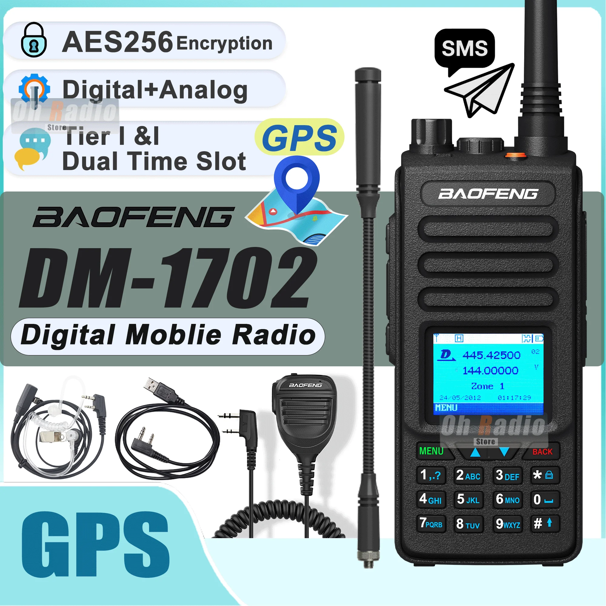 Baofeng DM-1702 GPS Walkie Talkie Digital Mobile Radio AES256 Encryption SMS Message Digital Tier 1+2 Dual Band Dual Mode Analog