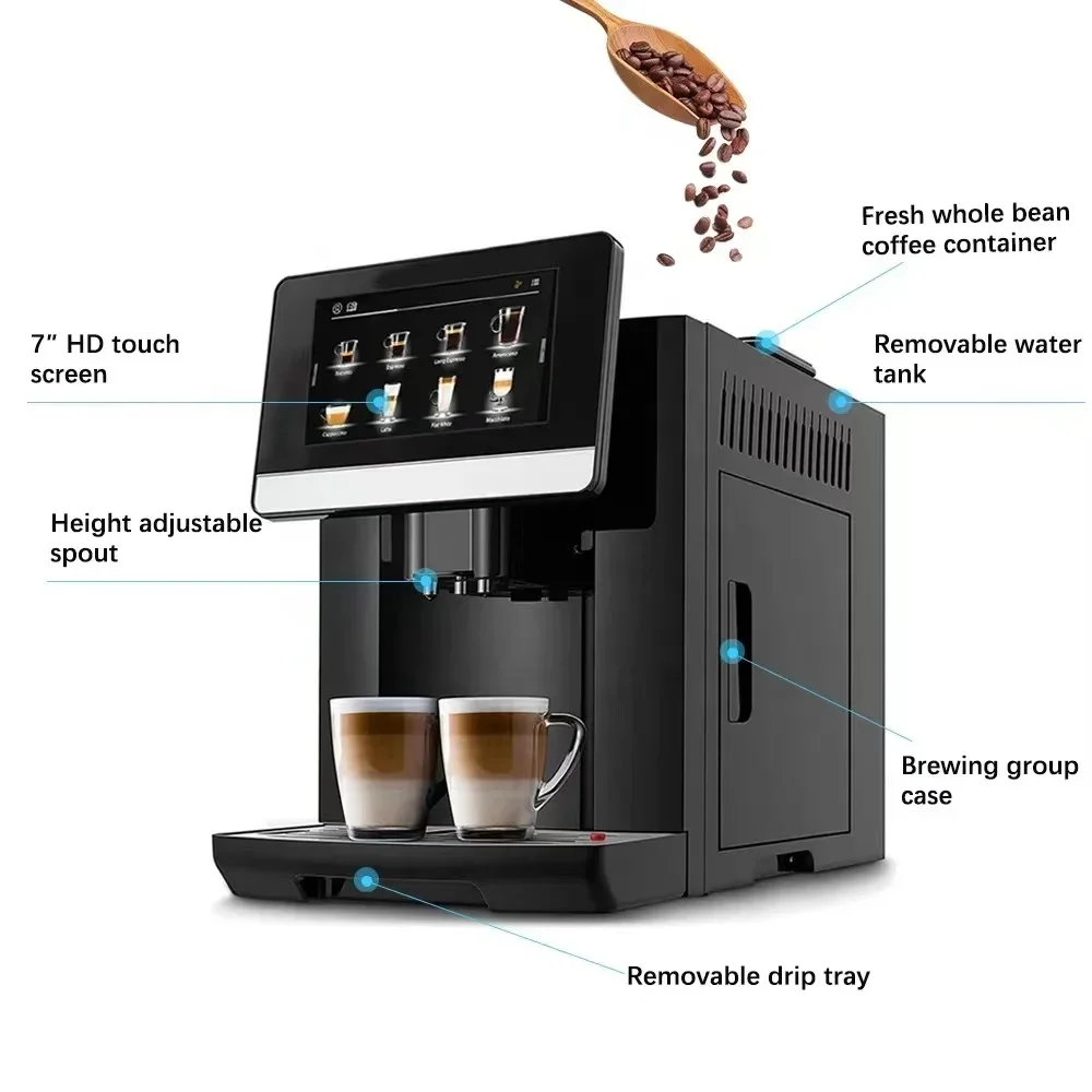 2024 Commercial Full Automatic Bean-to-Cup Coffee Maker 7'' Touch Screen Electric with French Language for Hotels