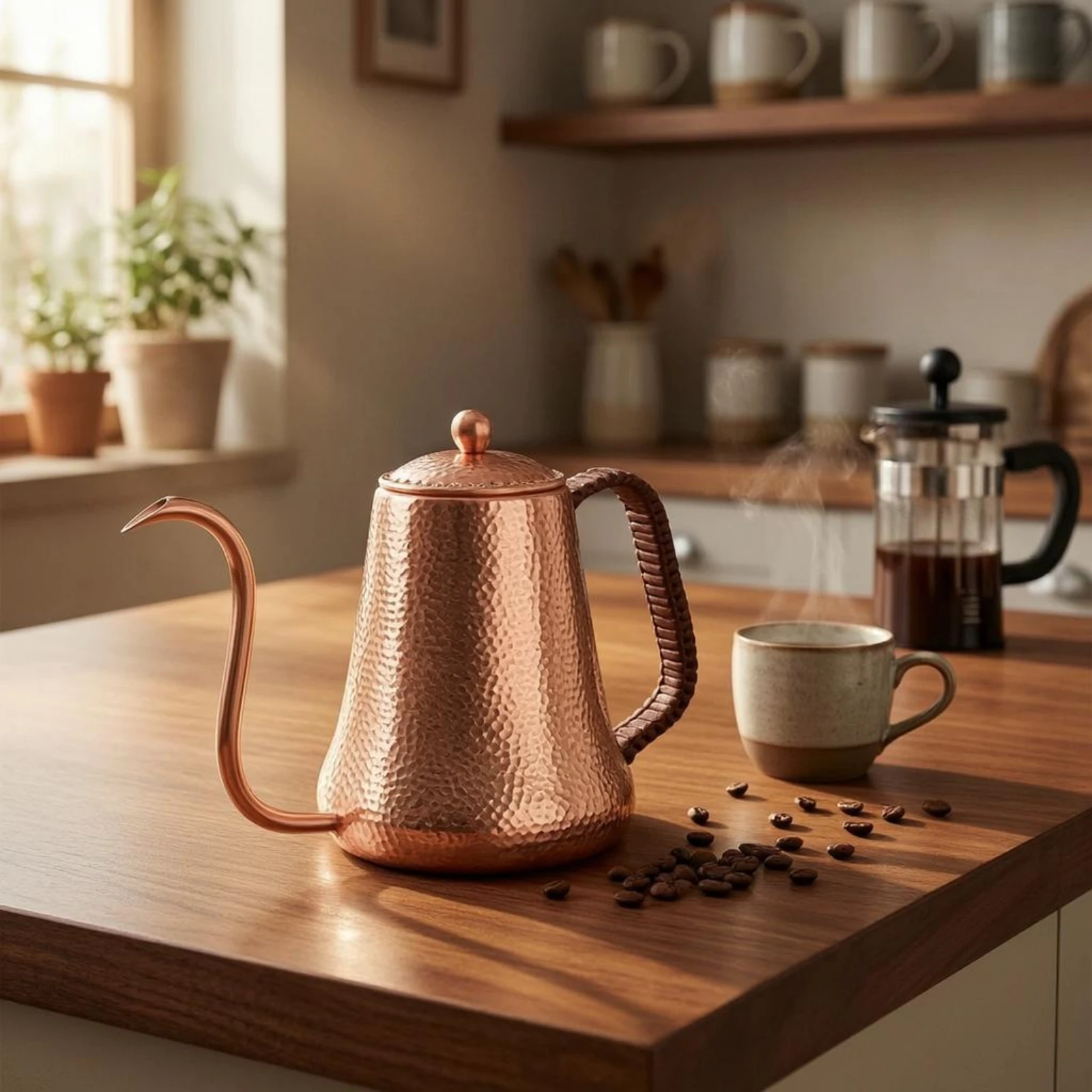 Imagen 7: Cafetera de Cobre con Boquilla Larga Tipo Cuello de Cisne, Base Acampanada, Resistente, Utensilios de Cocina