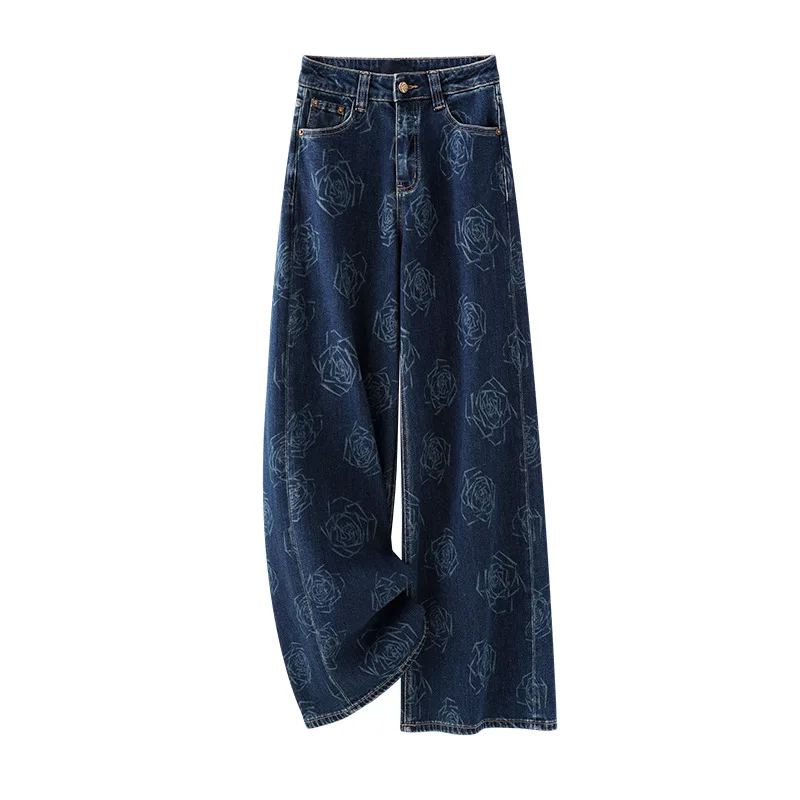 Jeans denim blu scuro nuovi pantaloni dritti drappeggiati lunghi fino al pavimento a vita alta dimagranti larghi autunnali