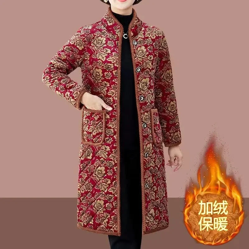 2023 Winter Mom's Cotton Coat Women's Long Plushed Warm Loose Cotton Coat Dirt Resistant Midlife Old Age Fashionable Cotton Coat