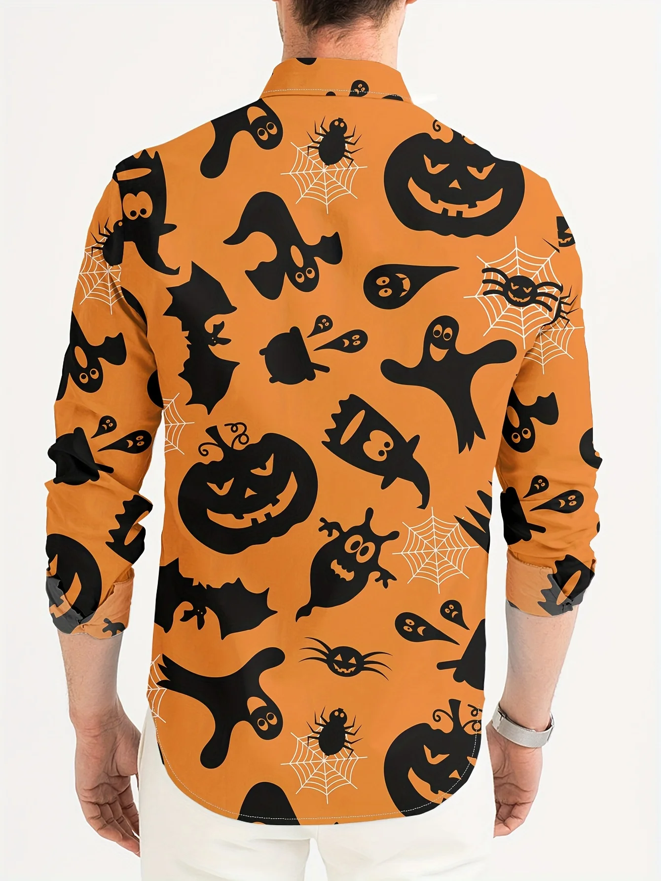 

Men's Halloween Theme Pumpkin Bat And Ghost Pattern Long Sleeve Button Up Lapel Shirt Spring And Fall Tops For Casual And Sports