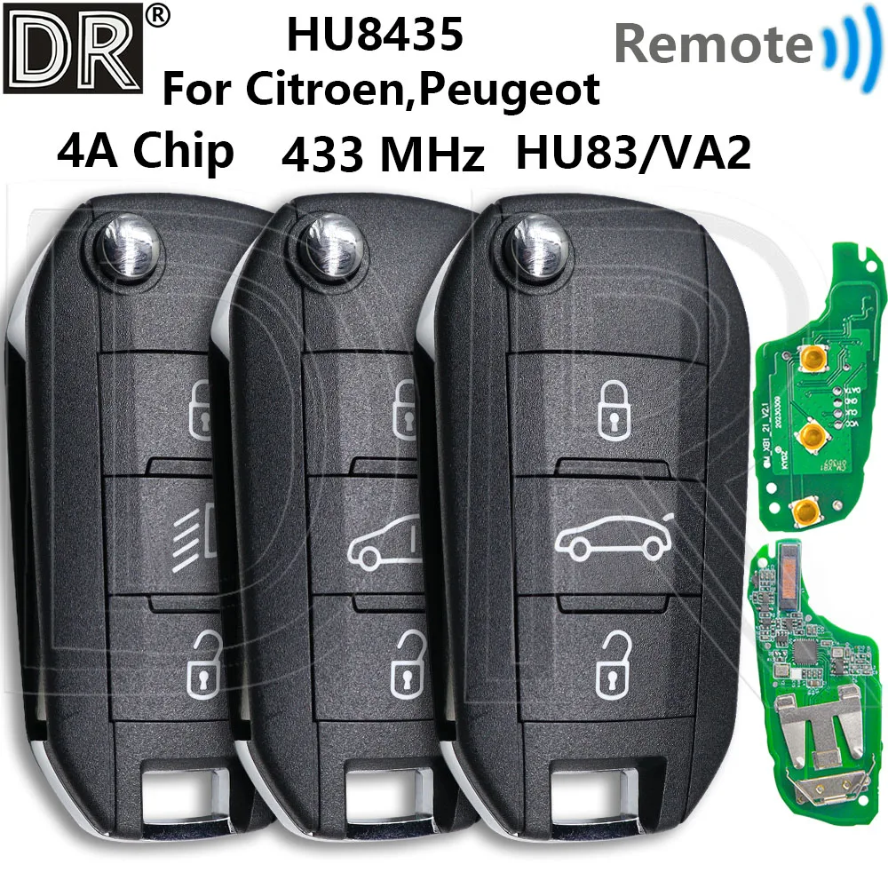 

Отличный чип 4А, 433 МГц VA2/HU83 Flip HU8435, автомобильный дистанционный ключ 98 139 654 77 для Peugeot 308 3008 408 508 Citroen C3 C4 Cactus C5