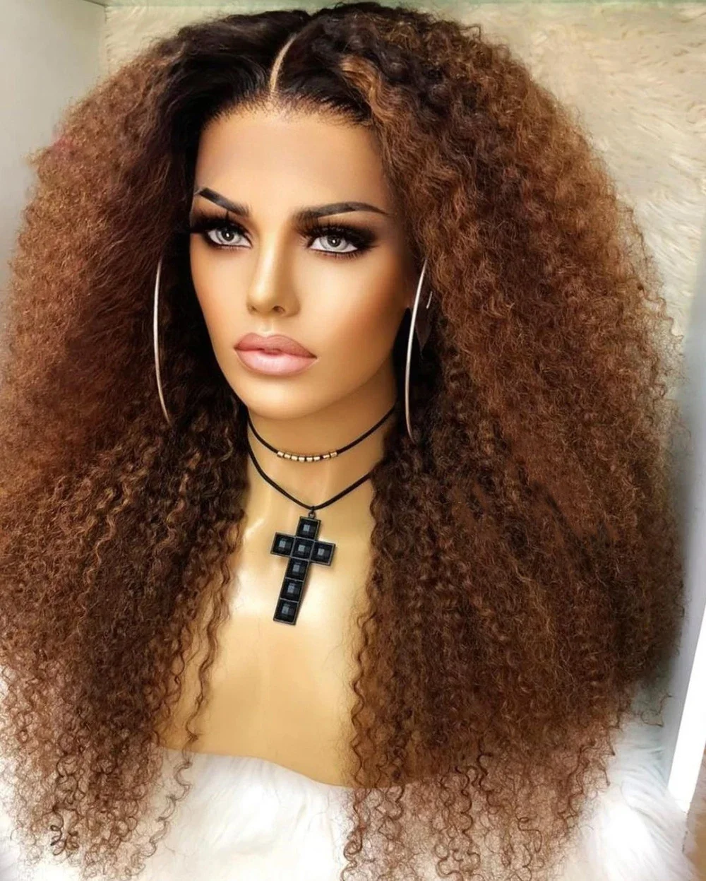 

Soft 26Inch Ombre Brown Long 180Density Kinky Curly Deep Lace Front Wigs For Women With Baby Hair Glueless Preplucked Daily
