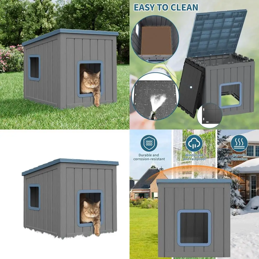 

Устойчивый к УФ-излучению домик для кошек из полипропилена с наклонной крышей, большой синий укрытие для патио, сада и заднего двора