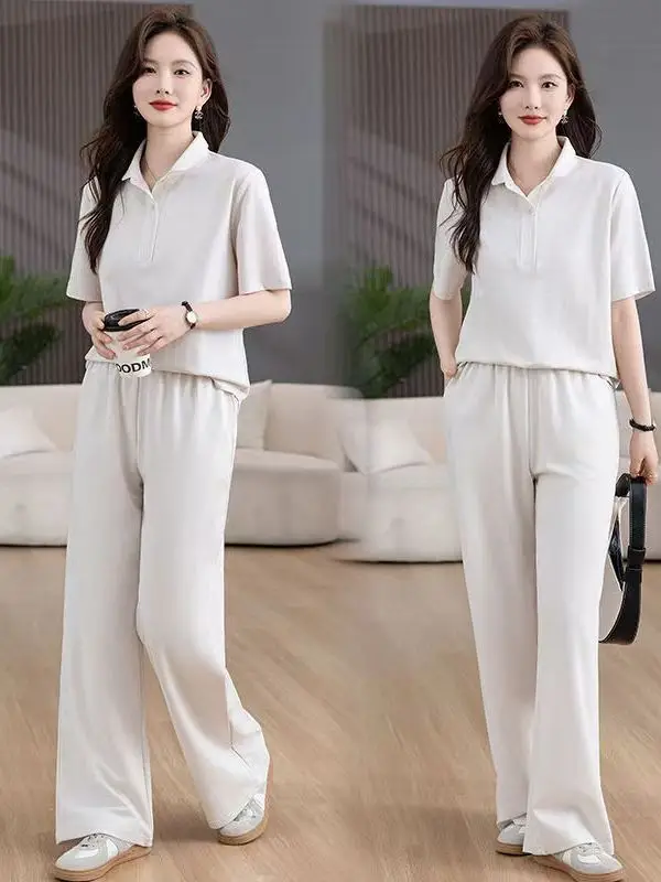 2026 New Casual Sports Set Women Summer  Collar Short Sleeve Top Wide Leg Pants Two Piece Loose Slimming Effect