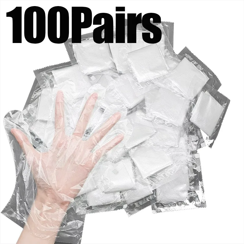 100 pares de guantes de PE envueltos individualmente, guantes desechables de plástico transparente de PE, cocina, limpieza, viajes al aire libre, Picnic