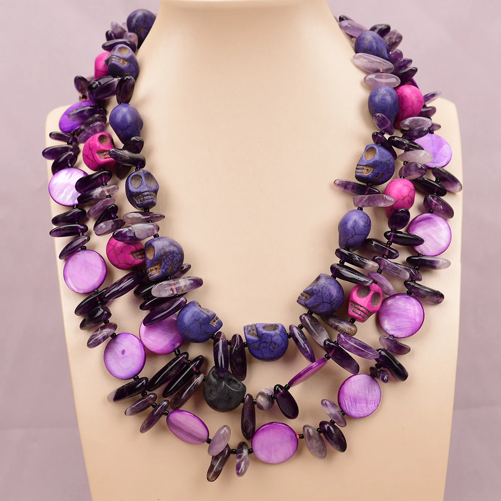APDGG A31 Handmade 3 Rows Natural Mix Stone Turquoise Amethyst Shell Multi Strands Necklace