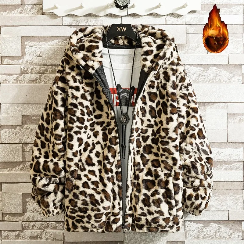 Retro Leopard Print Harajuku Hip Hop Style Loose Fleece Lined Thickened Hooded Warm Cotton Jacket Autumn Winter Polyester Fiber