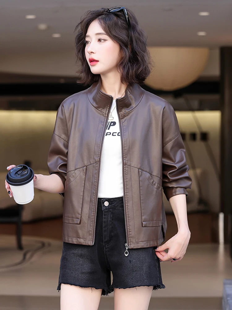Real Leather Jaet Women's ort Loose Fit Bla eepskin Coat Korean Sle Commute Wind ket Design Long Sve Zipper