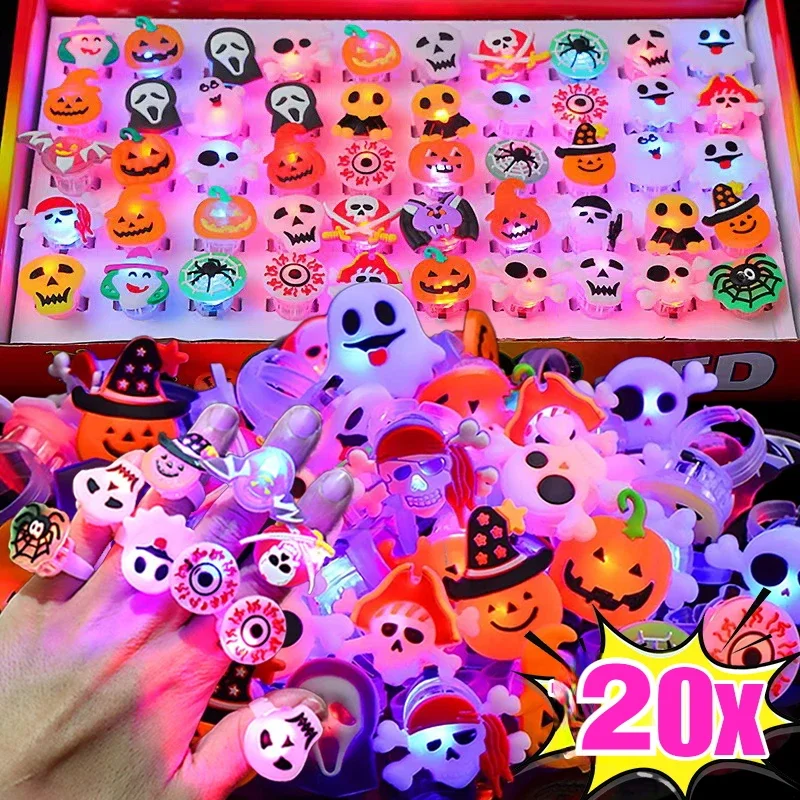 

Wholesale LED Luminous Halloween Rings Creative Pumpkin Ghost Skull Glowing in Dark Finger Rings Toys with Lights Party Decor