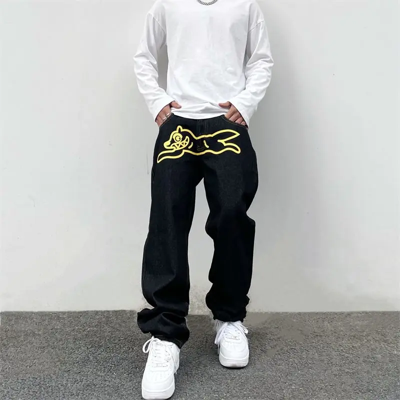 Hip Hop Flying Dog Print Jeans für Männer High Street gerade lose Hosen mit weitem Bein Mode Baggy Hose männlich y2k Luxus Denim