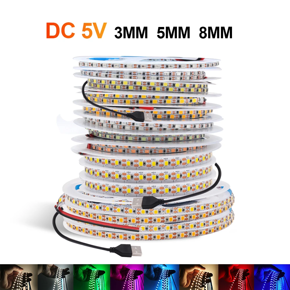 DC 5V USB LED Strip Light 2835 120LEDs/m 1 LED Per Cut Flexible Tape 3MM 5MM 8MM PCB IP20 No Waterproof Warm Natural Cool White