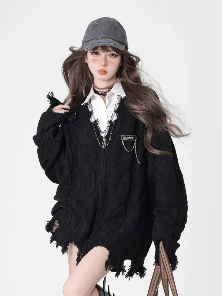 

Korean Vintage Knitted Fashion Preppy Sweaters Loose Harajuku Grunge Y2k Aesthetic Cardigans Streetwear Casual Chain Women Coats