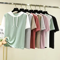 Icesilk Tshirt women summer hooded T-shirts short sleeves Color-Mix Loose casual Tee Tops Fashion Clothing