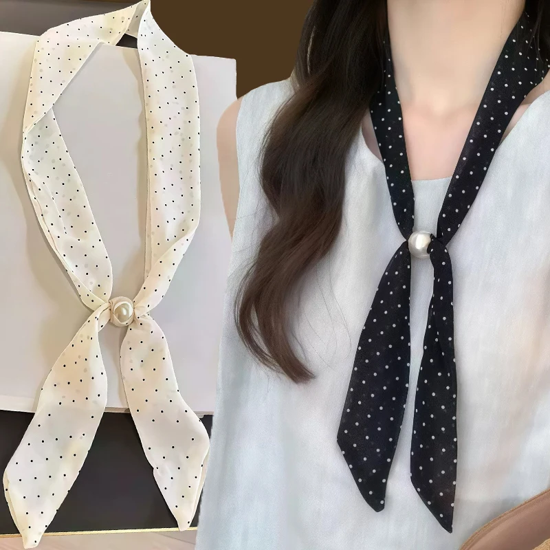 French Style Polka Dot Scarf for Women Retro Beaded Neck Scarf High-end Silk Ribbon Neck Decoration for Women Daily Outfit